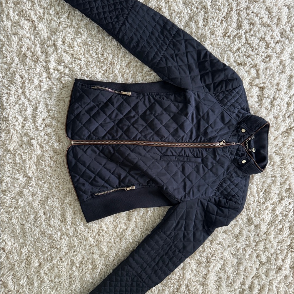 ZARA Women’s Navy Quilted Jacket with Leather trim (M)